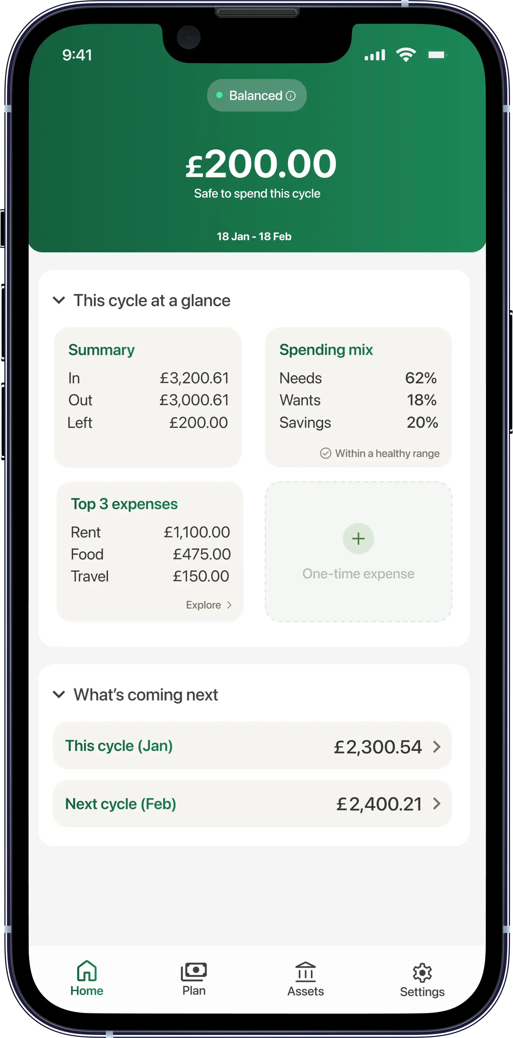 Home Screen - See what's safe to spend